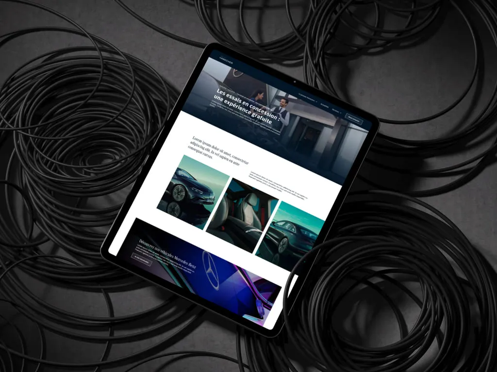 Tablette vue de face, montrant la page d'essais du site concession automobile